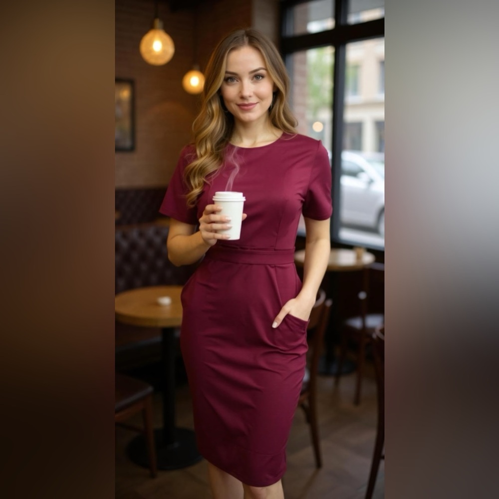 Women’s burgundy short sleeve with pockets dress